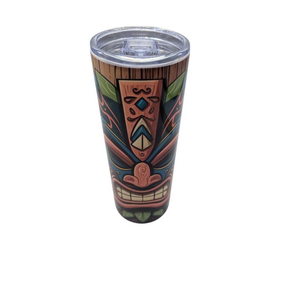 Tiki-Themed Stainless Steel Skinny Tumbler With Lid 20 Oz Double-Walled Insulati - Picture 2 of 12